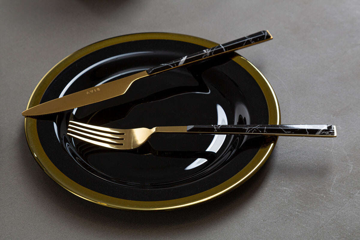 16 Piece Black Faux Marble Cutlery Set