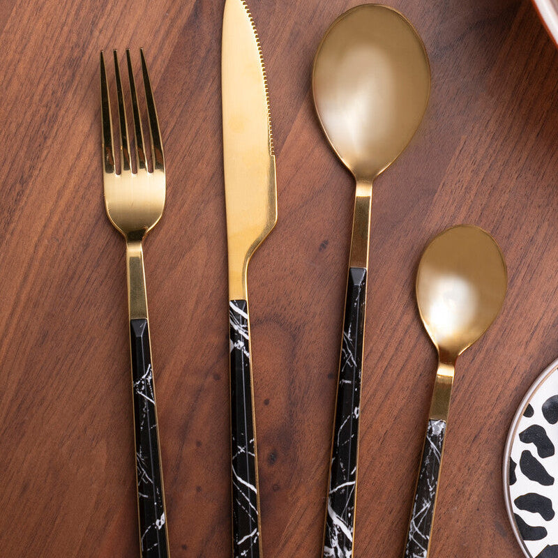 16 Piece Black Faux Marble Cutlery Set