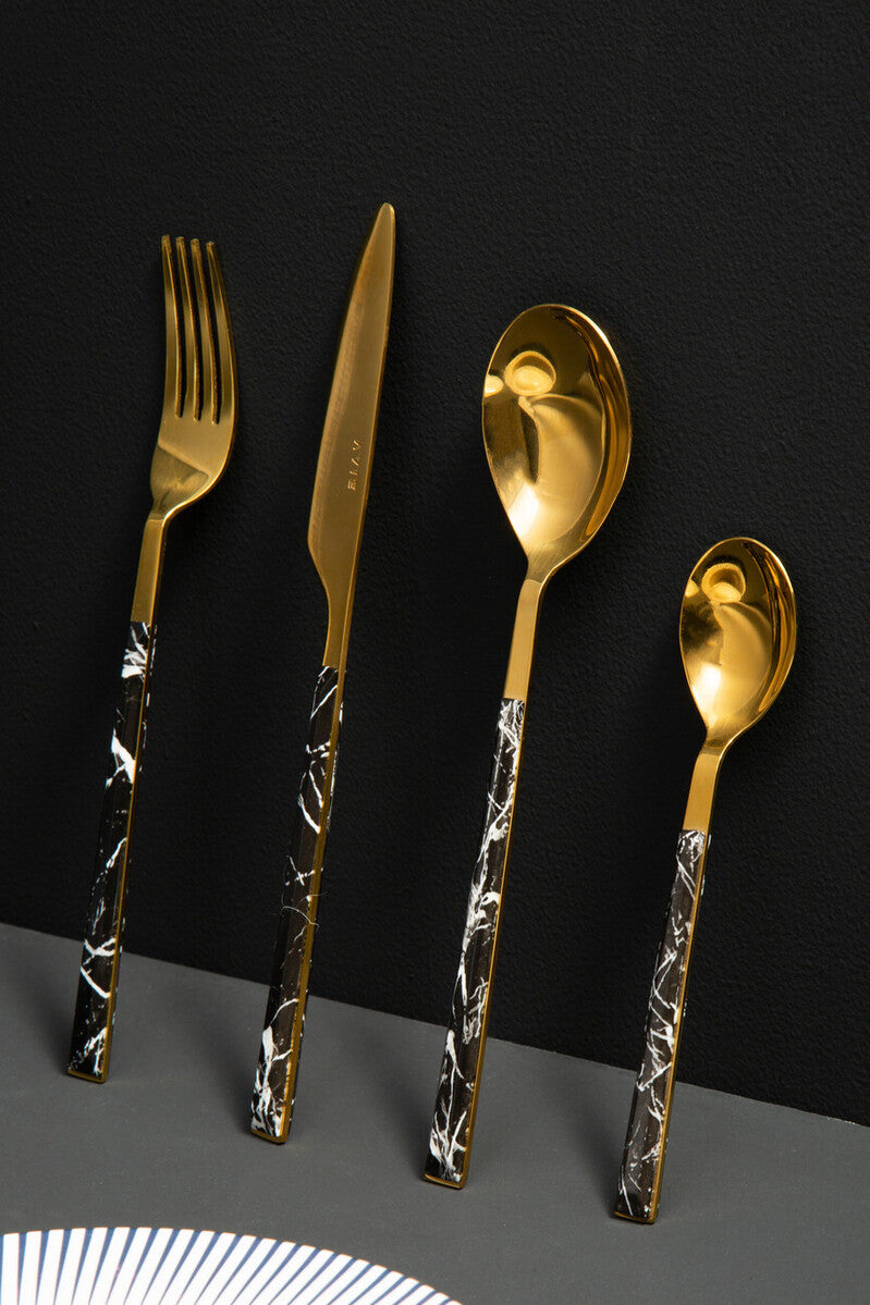 16 Piece Black Faux Marble Cutlery Set