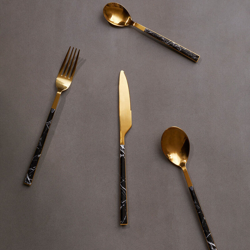 16 Piece Black Faux Marble Cutlery Set