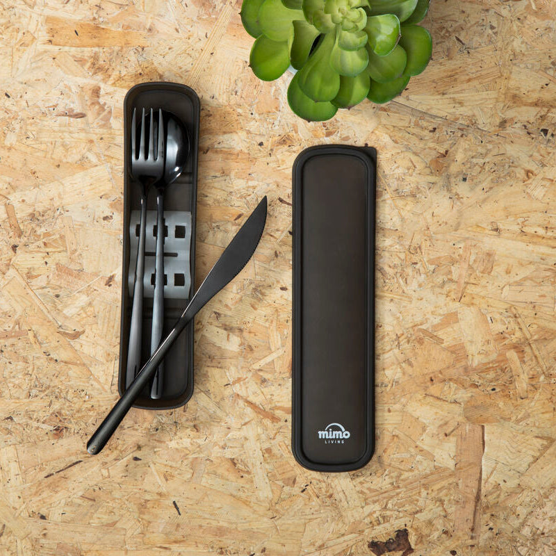 3 Piece Black Travel Cutlery Set with Case