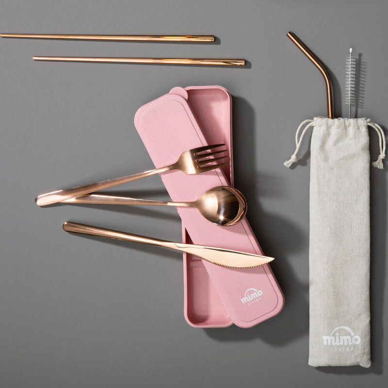 6 Piece Rose Gold Travel Cutlery Set with Case