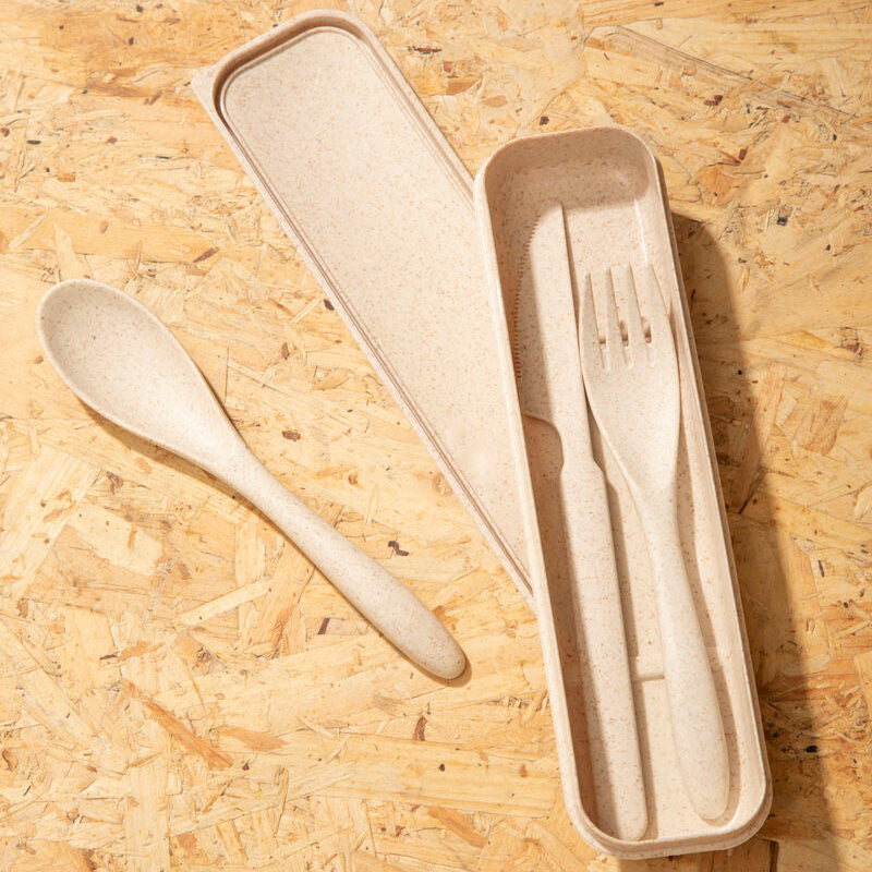 3 Piece Natural Wheat Straw Travel Cutlery Set