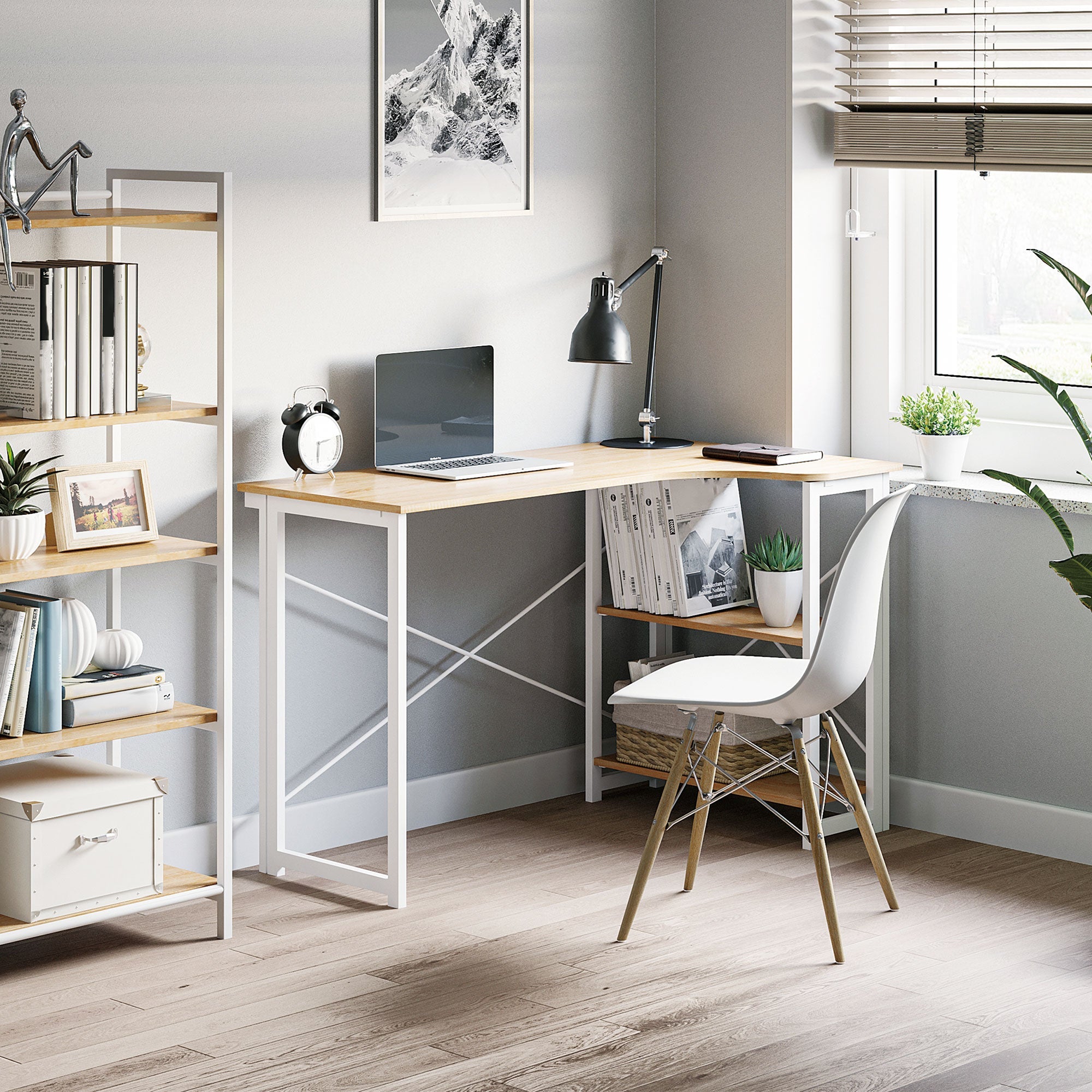 Folding Desk, L Shaped Desk, Corner Computer Desk with 2-Tier Storage Shelf for Home Office, Study Room, Workstation, Easy Assembly, 120 x 72.5 x 76.5cm, Oak Tone