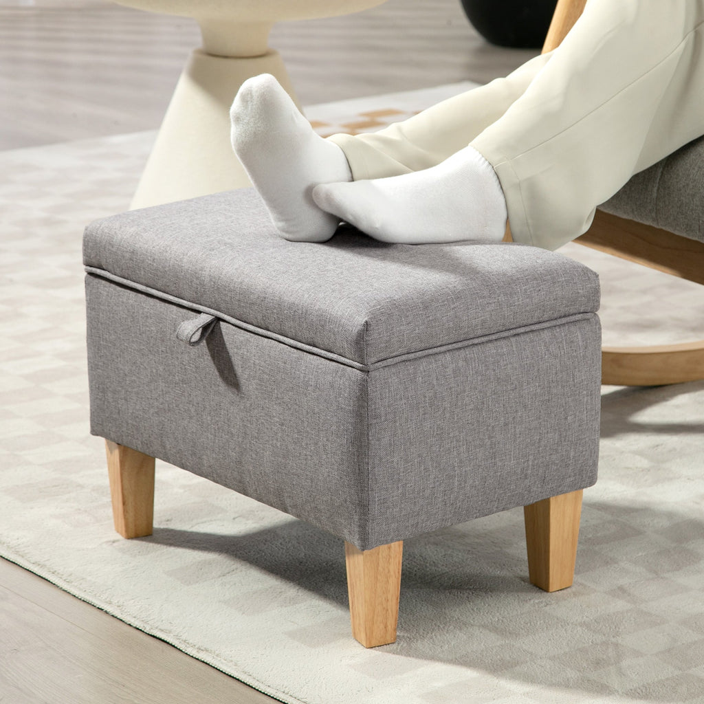 16L Linen Storage Ottoman Padded Footstool with Rubberwood Legs, Light Grey