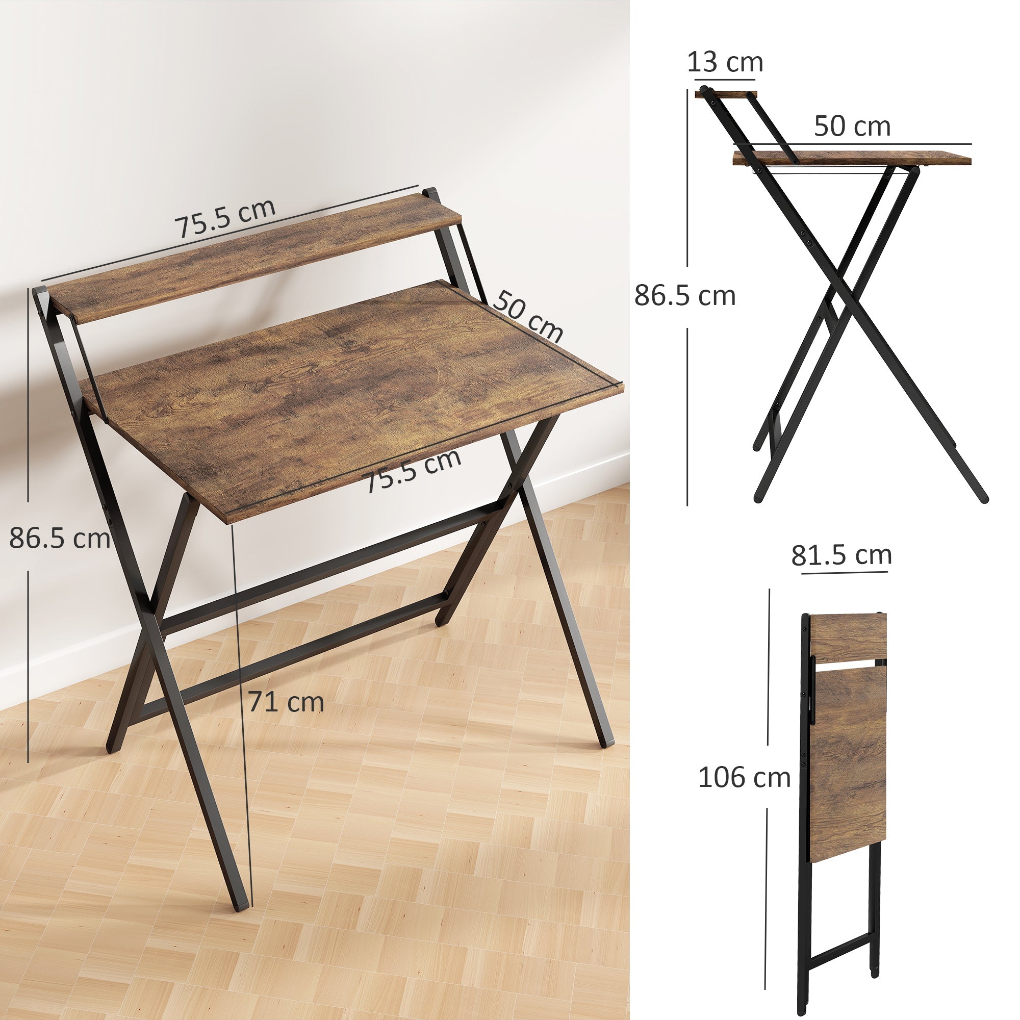 Folding Computer Desk with Monitor Shelf - Rustic Brown 81.5 cm