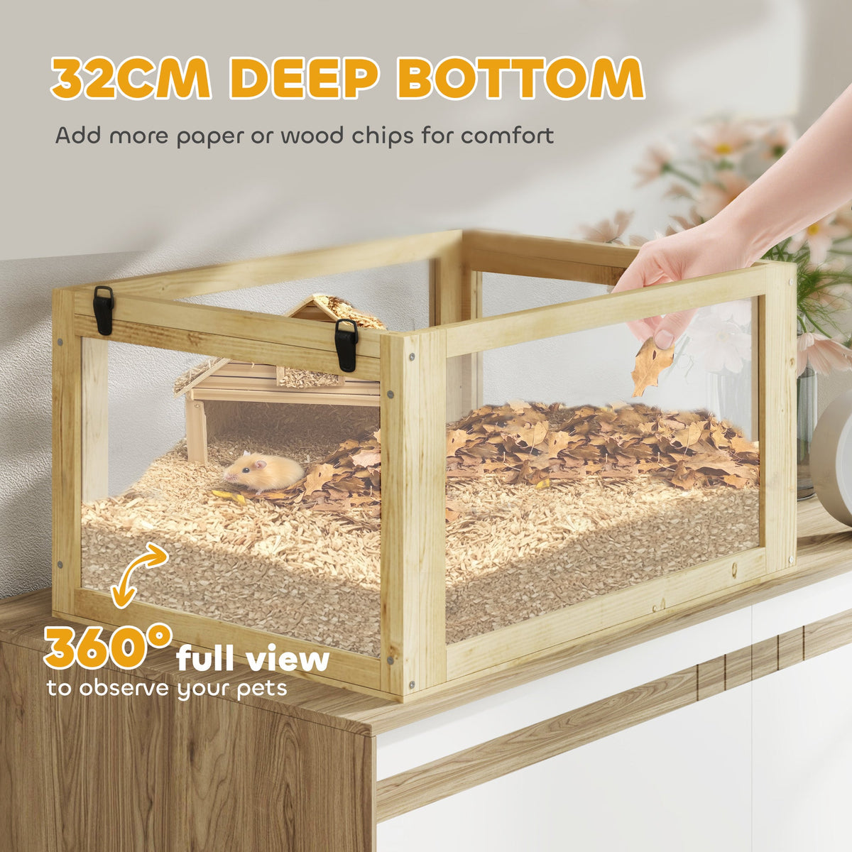 Wooden Hamster Cage w/ Detachable Bottom, Hut, Seesaw, 60 x 40 x 75cm