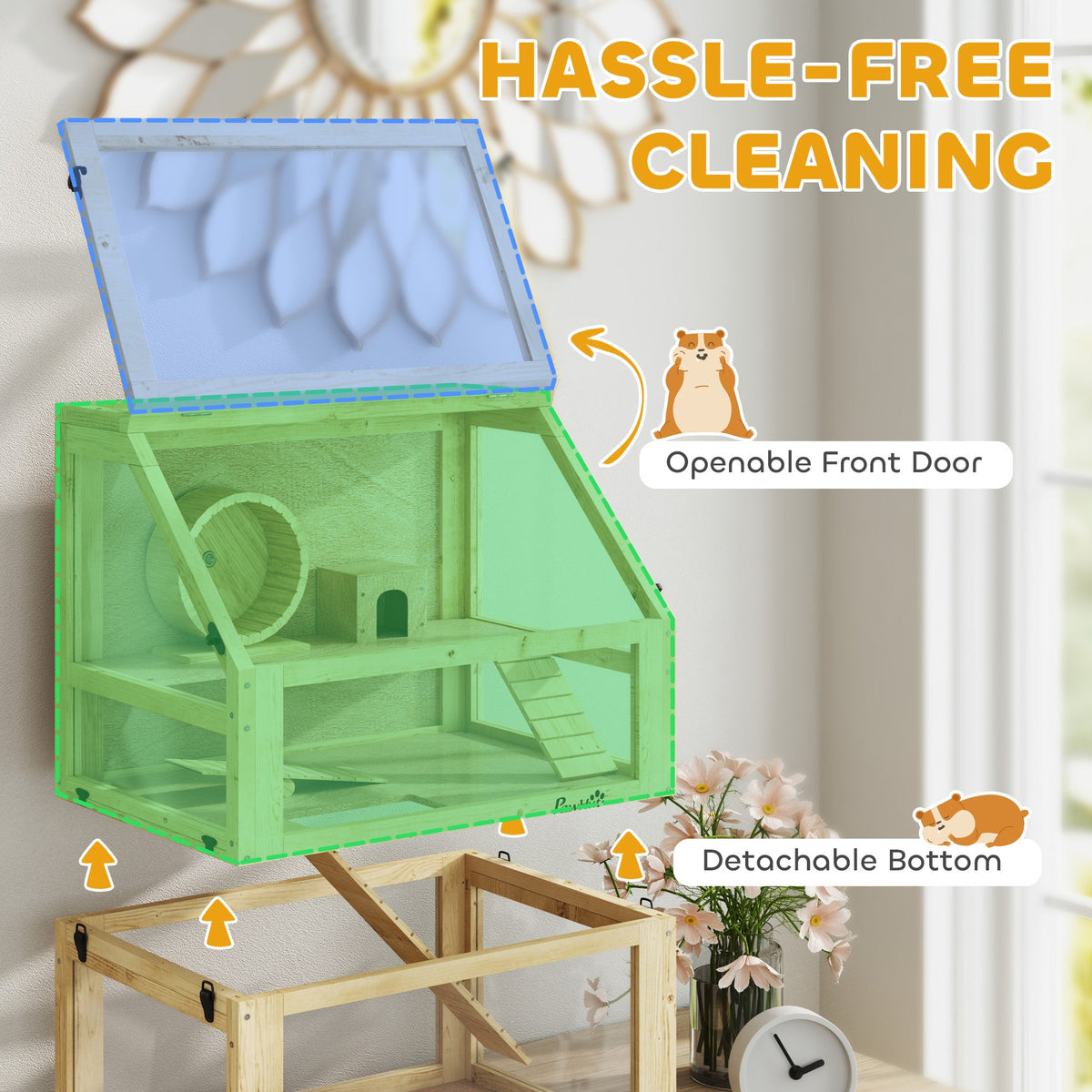Wooden Hamster Cage w/ Detachable Bottom, Hut, Seesaw, 60 x 40 x 75cm