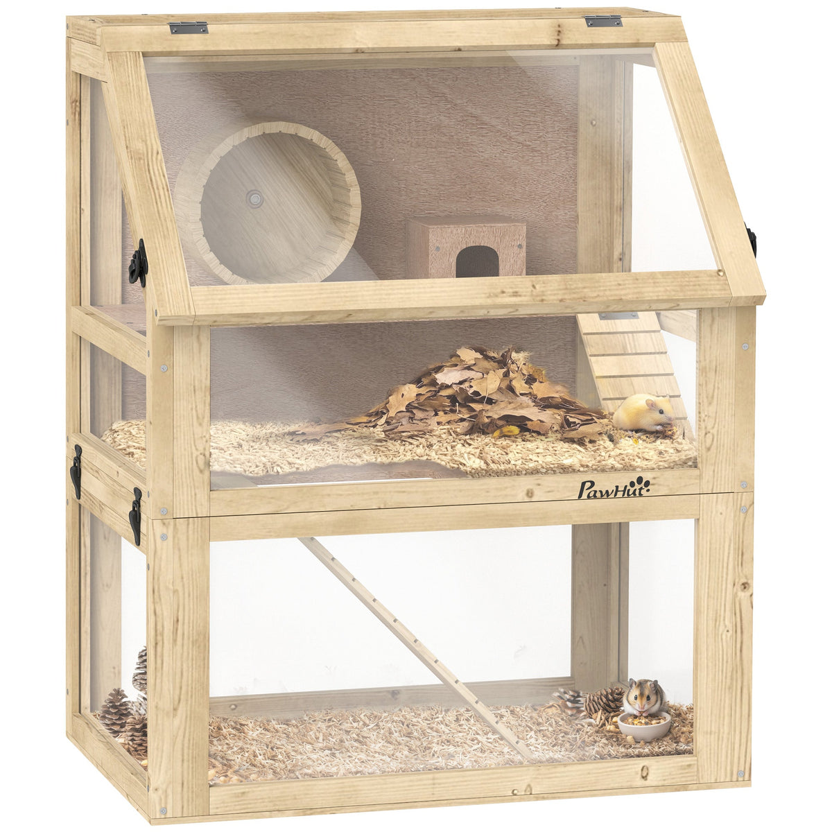 Wooden Hamster Cage w/ Detachable Bottom, Hut, Seesaw, 60 x 40 x 75cm