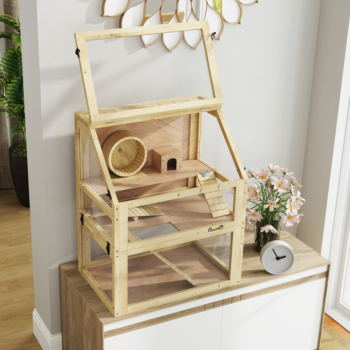 Wooden Hamster Cage w/ Detachable Bottom, Hut, Seesaw, 60 x 40 x 75cm