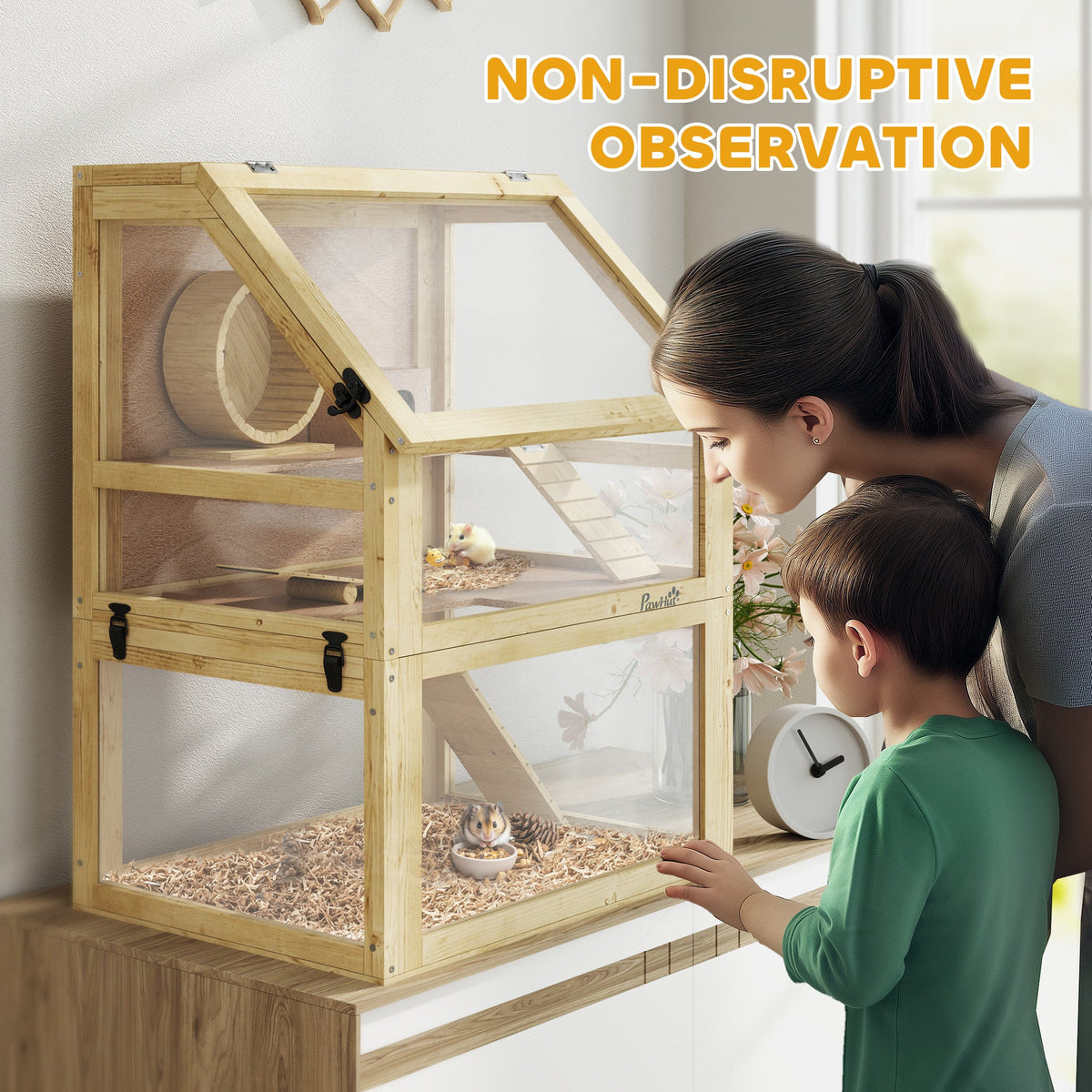 Wooden Hamster Cage w/ Detachable Bottom, Hut, Seesaw, 60 x 40 x 75cm