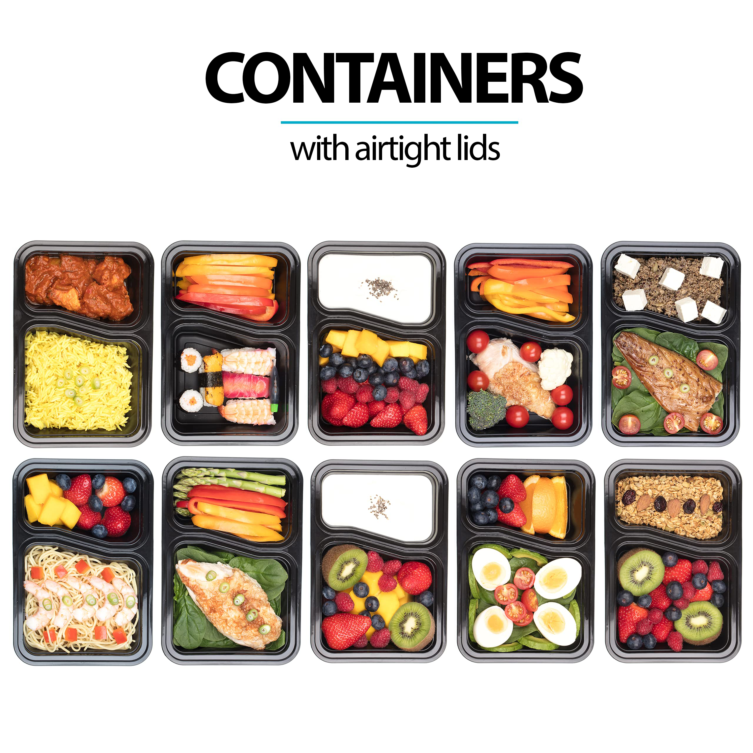 2-Compartment Reusable Containers with Airtight Lids 887ml