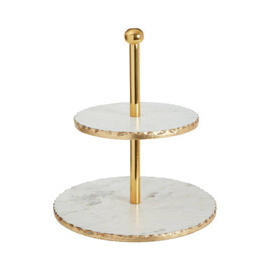 2 Tier White Marble and Gold Finish Cake Stand