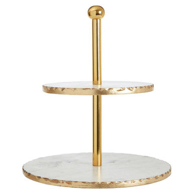 2 Tier White Marble and Gold Finish Cake Stand
