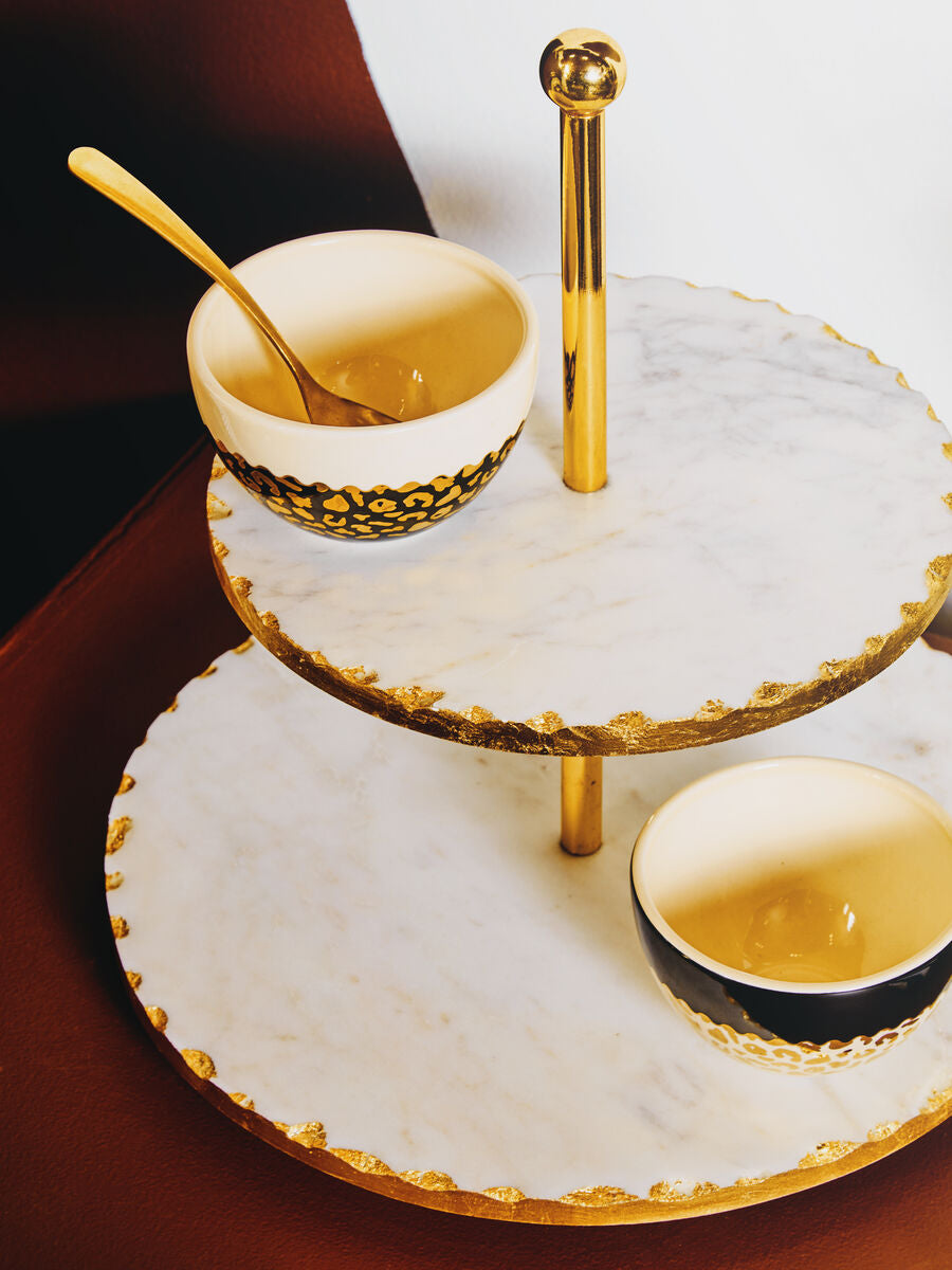 2 Tier White Marble and Gold Finish Cake Stand
