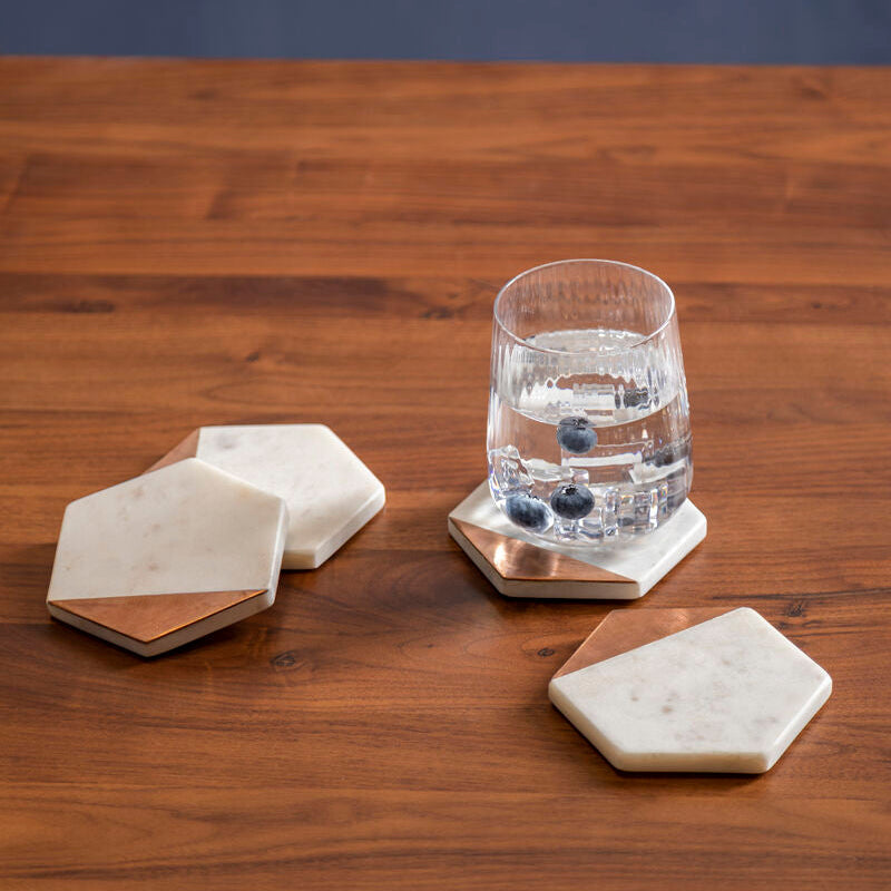 Set of 4 White Marble and Copper Inlay Coasters