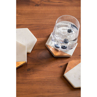 Set of 4 White Marble and Copper Inlay Coasters