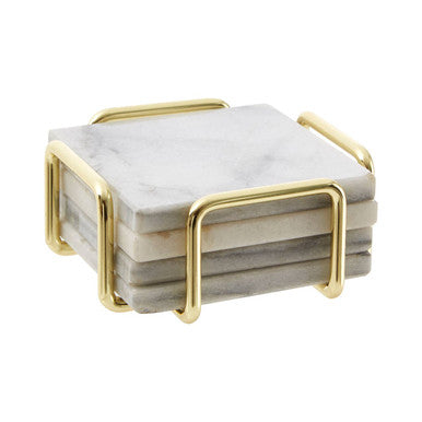 Set of 4 White Marble Coasters with Brass Finish Holder