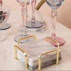 Set of 4 White Marble Coasters with Brass Finish Holder