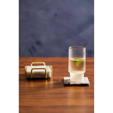 Set of 4 White Marble Coasters with Brass Finish Holder