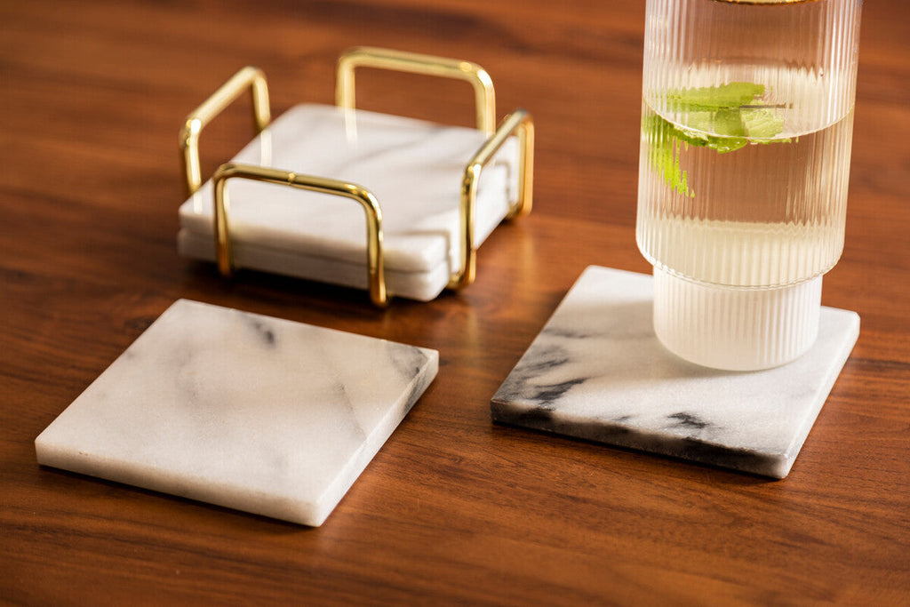 Set of 4 White Marble Coasters with Brass Finish Holder