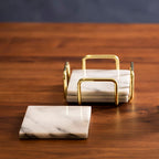 Set of 4 White Marble Coasters with Brass Finish Holder
