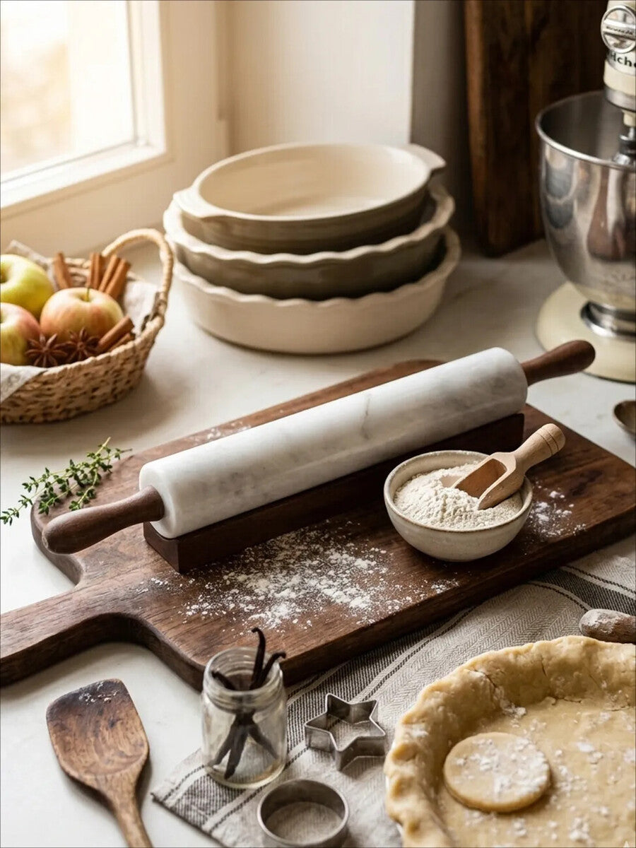 White Marble Rolling Pin with Wooden Stand