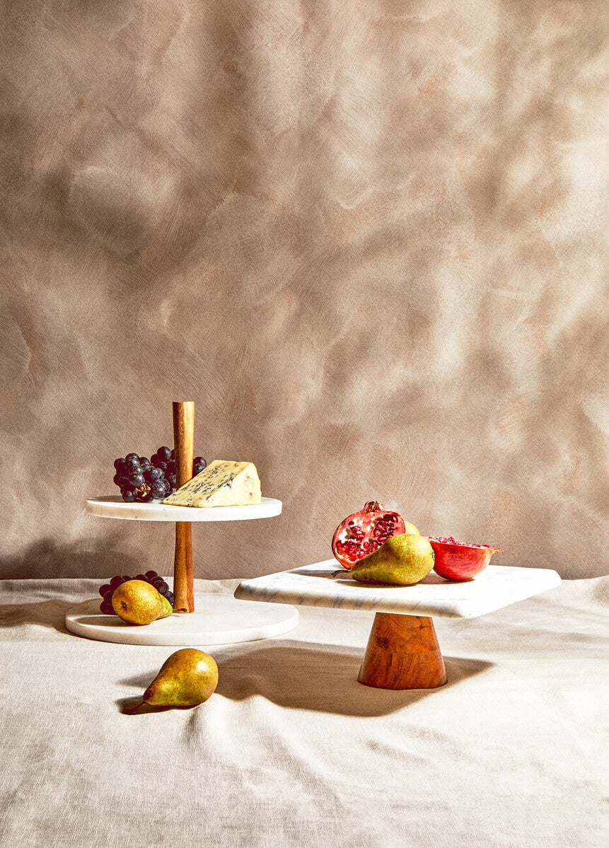 White Marble and Acacia Wood Cake Stand