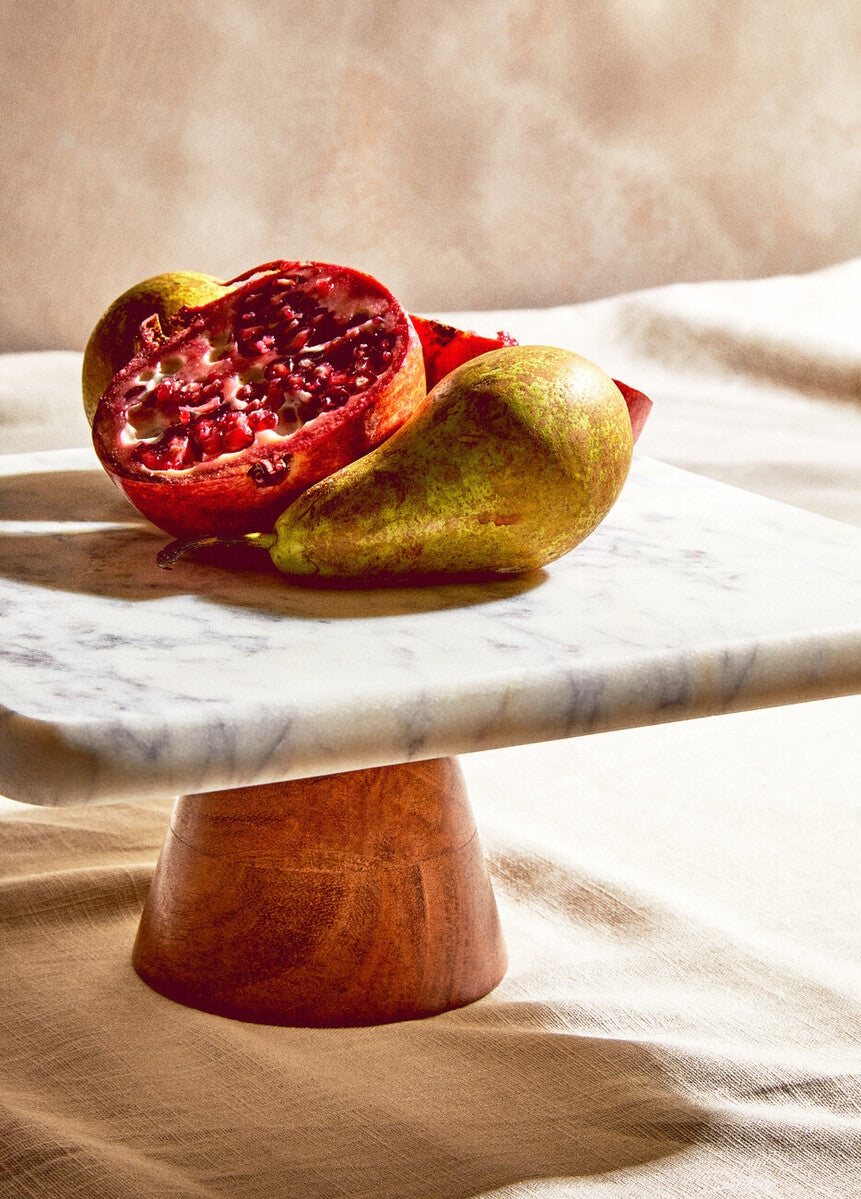 White Marble and Acacia Wood Cake Stand