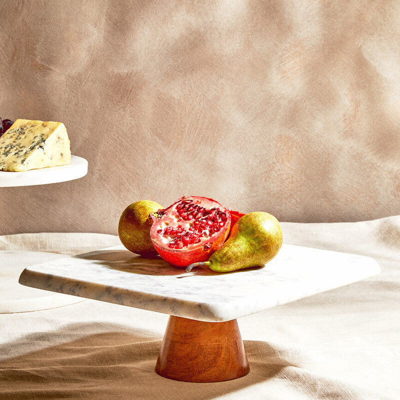 White Marble and Acacia Wood Cake Stand