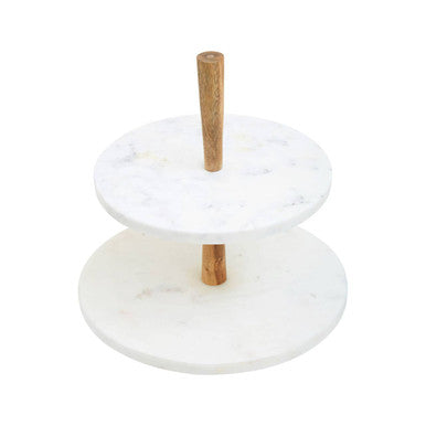 Two Tier Marble and Acacia Wood Cake Stand