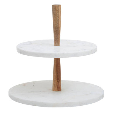 Two Tier Marble and Acacia Wood Cake Stand