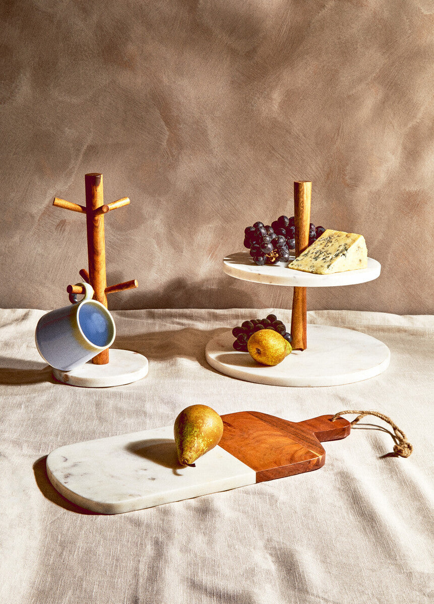 Two Tier Marble and Acacia Wood Cake Stand