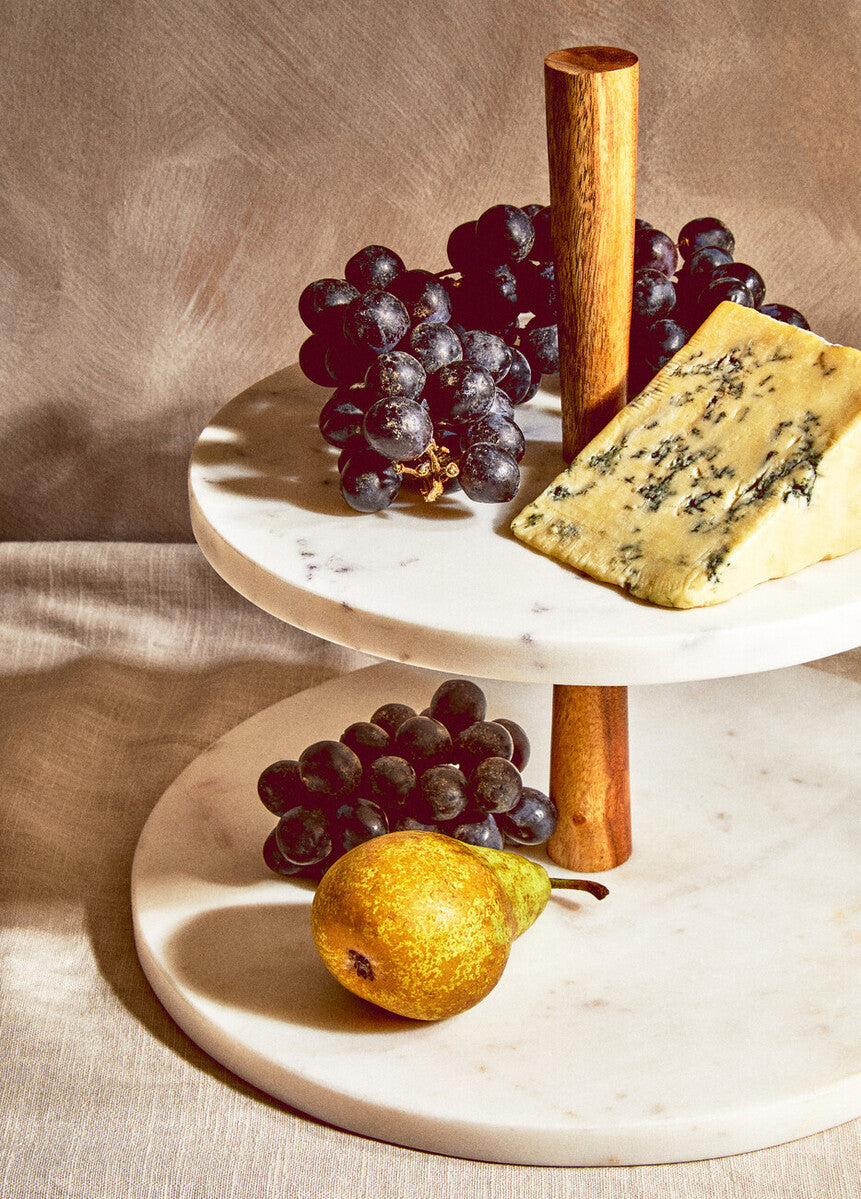 Two Tier Marble and Acacia Wood Cake Stand