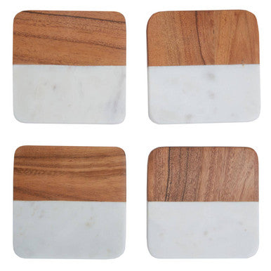 Set of Four Marble and Acacia Wood Coasters