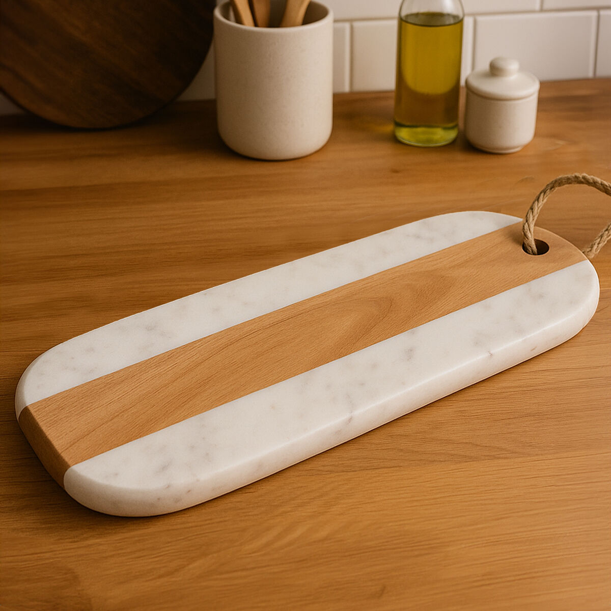 Oblong White Marble and Acacia Wood Board