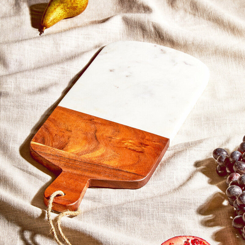 Rectangular Marble and Acacia Wood Paddle Board