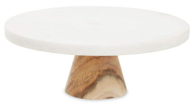 Round White Marble and Acacia Wood Cake Stand