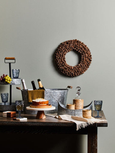 Round White Marble and Acacia Wood Cake Stand