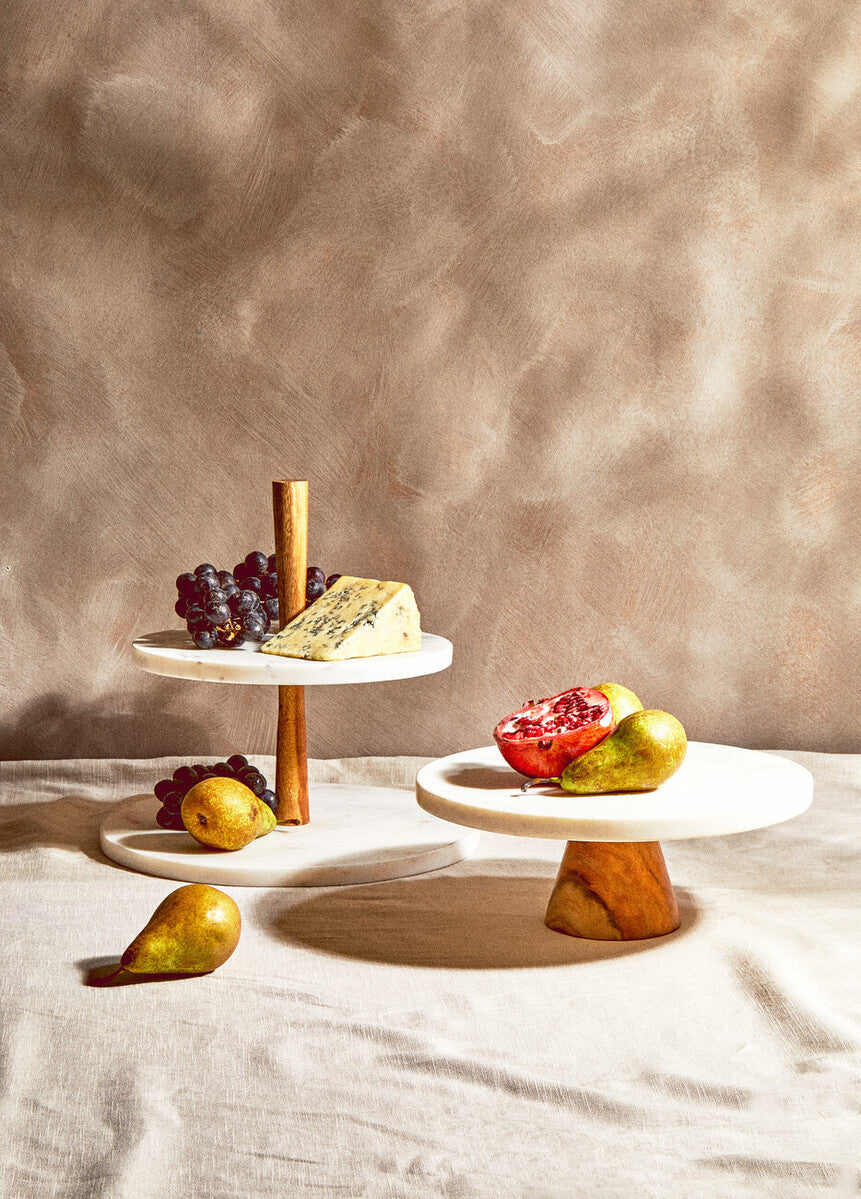 Round White Marble and Acacia Wood Cake Stand
