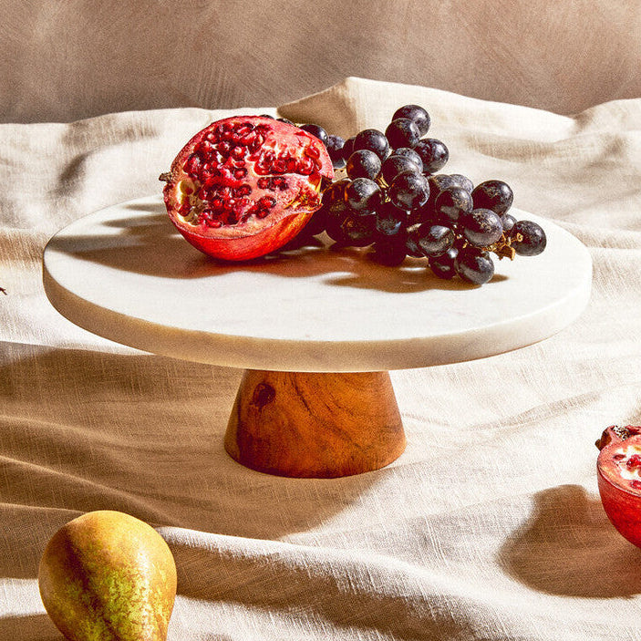 Round White Marble and Acacia Wood Cake Stand