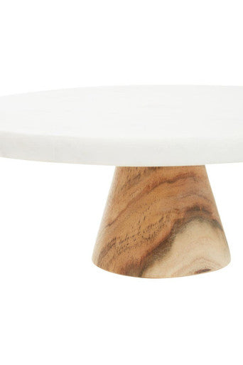 Round White Marble and Acacia Wood Cake Stand