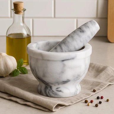Grey Marble Mortar and Pestle with Rim