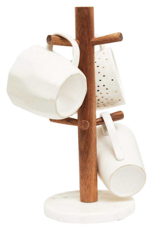 Acacia Wood and White Marble Mug Tree
