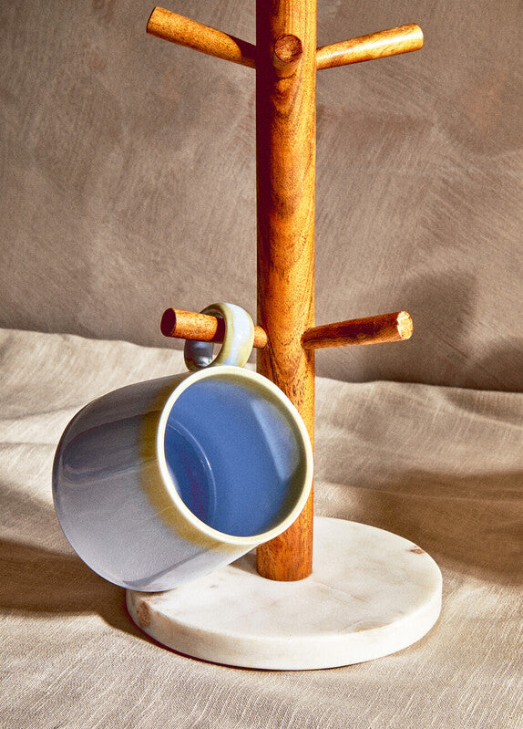Acacia Wood and White Marble Mug Tree