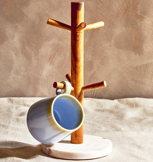 Acacia Wood and White Marble Mug Tree