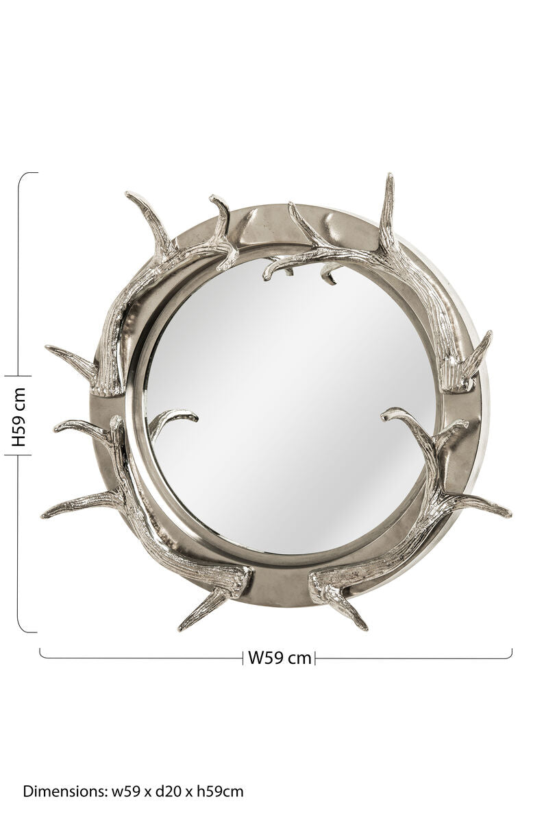 Silver Metal Wall Mirror with Antler Frame