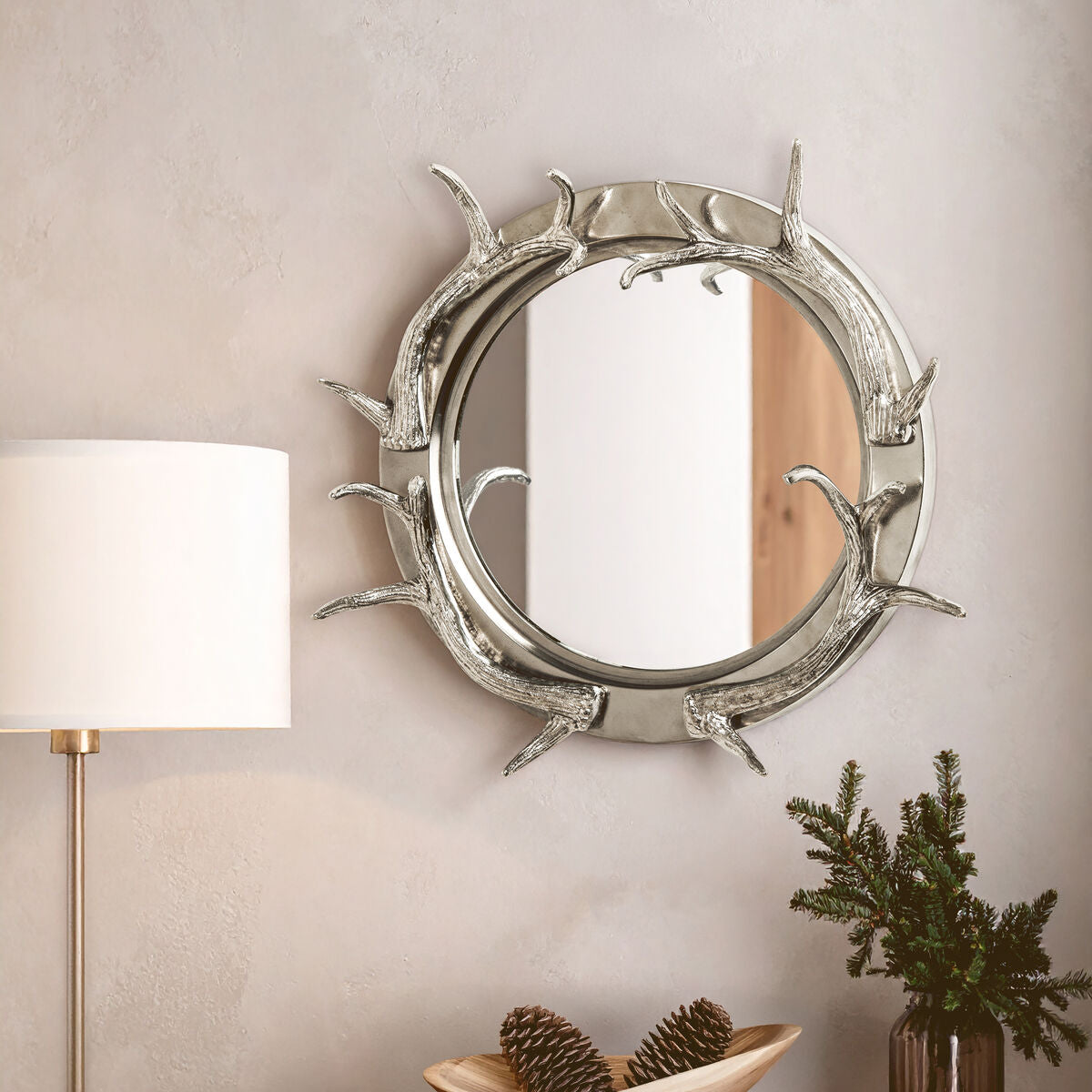Silver Metal Wall Mirror with Antler Frame