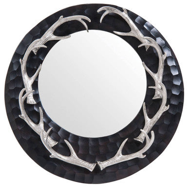 Brown and Nickel Metal Wall Mirror with Eight Antler Frame