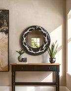 Brown and Nickel Metal Wall Mirror with Eight Antler Frame